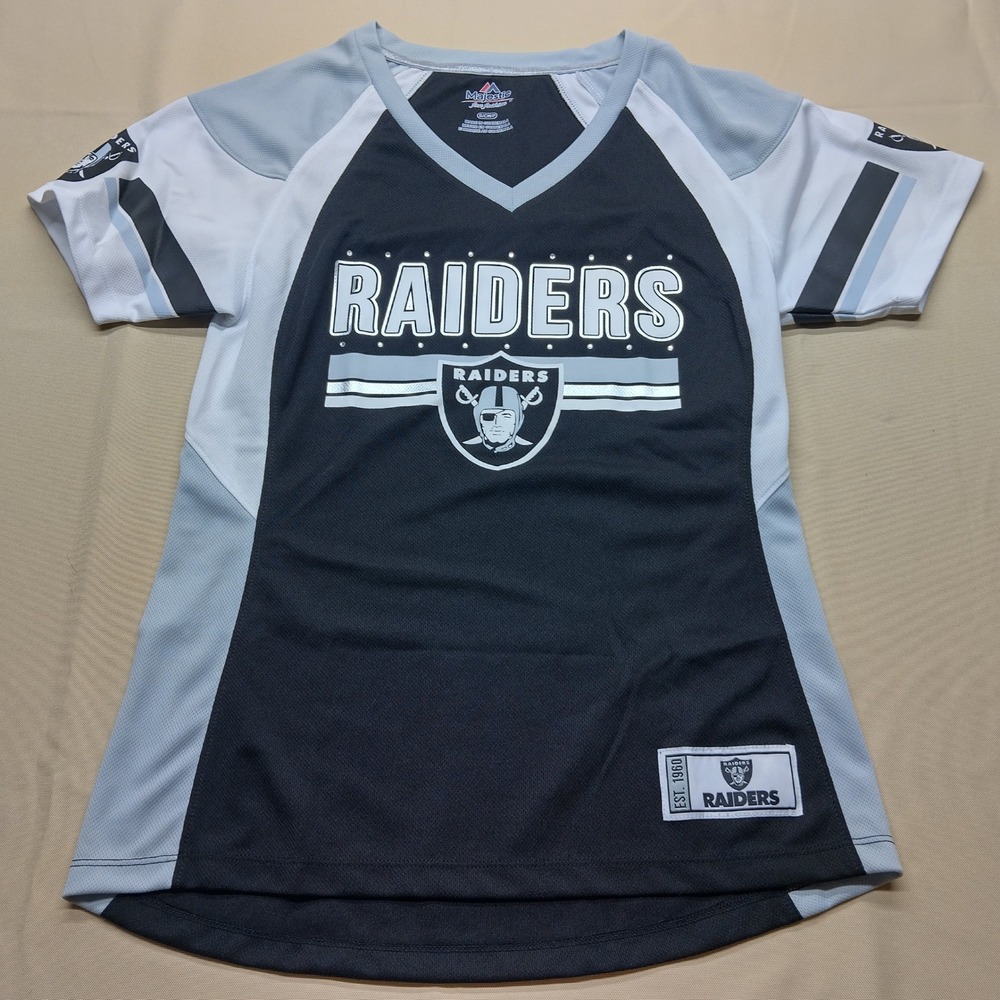 Majestic NFL Oakland Raiders Womens V-Neck Jersey Shirt Black Silver Small NWT